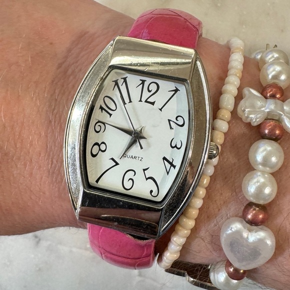 Pink Cuff Watch With Wide Metal Frame - Picture 3 of 11